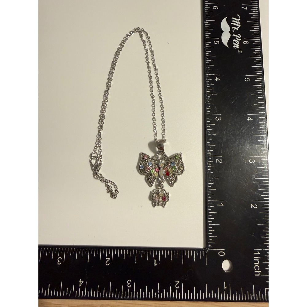 Silver‎ Tone Multi Color Rhinestone Filigree Double Butterfly Pendant Necklace